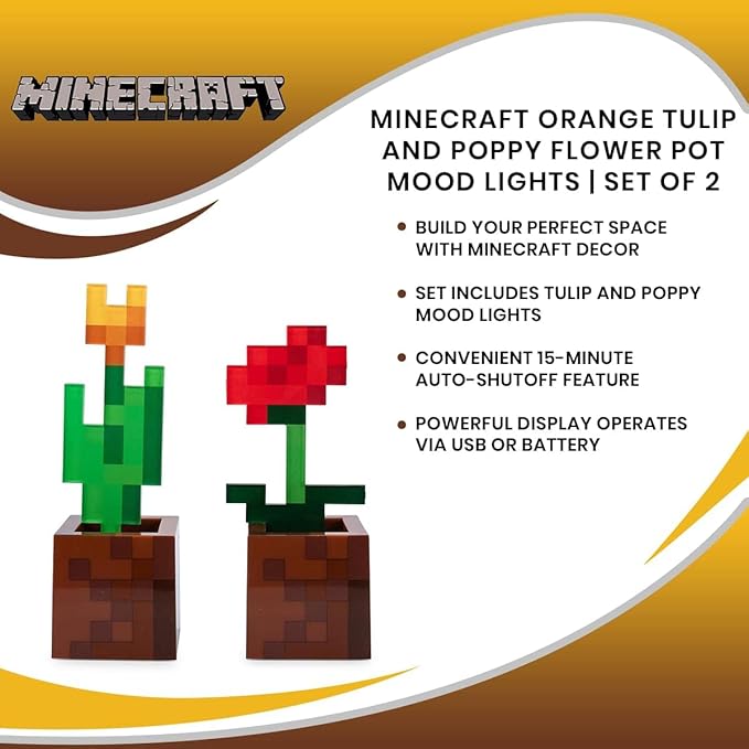 Minecraft Orange Tulip and Poppy Flower Pot Mood Lights, Set of 2 | Nightstand Table Lamp with LED Light for Bedroom, Desk, Living Room | Home Decor Room Essentials | Video Game Gifts And Collectibles