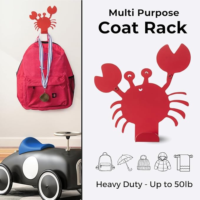 Cute Crab Wall Hook – Heavy-Duty Metal Hook for Hanging Coats, Backpacks, Towels & More – Fun Kids’ Wall Hooks for Bedroom, Playroom, Nursery & Bathroom – Decorative & Durable (Red)