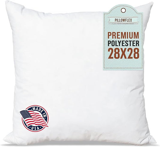 Pillowflex Premium Polyester Throw Pillow Insert - 28x28 - Ultra Soft Square Throw Pillow, Couch Sham, Lumbar, Back, Sofa - Machine Washable - Decorative Accent Form - 1 Soft Pillow