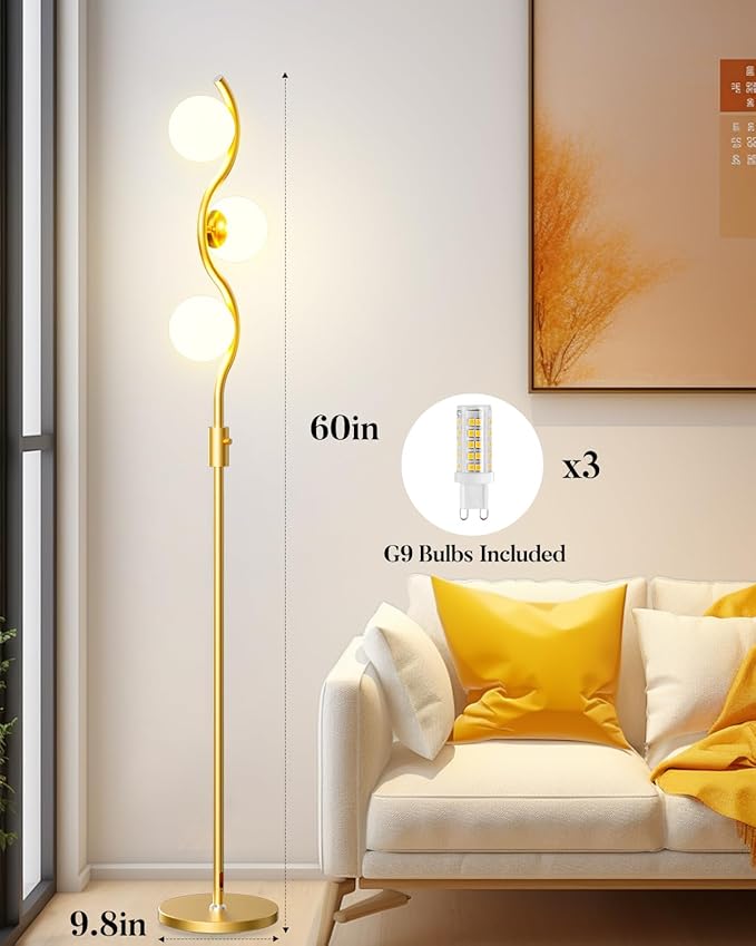 Lightdot 60IN Gold Floor Lamp Stepless Dimmable Globe Floor Lamps with 3Pcs 3000K G9 Bulbs Eye-Friendly Mid Century Standing Lamps with Stable Base for Living Room/Bedroom/Corner