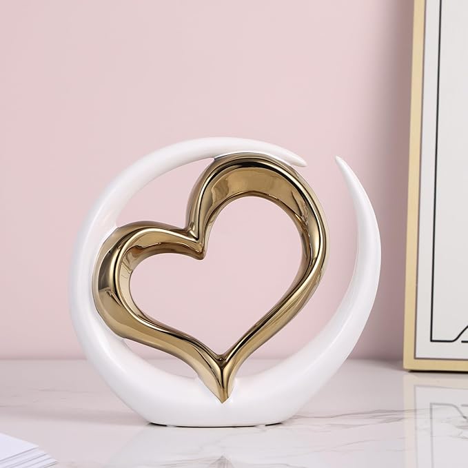 White Gold Ceramic Heart Statues Decor, Abstract Home Sculptures for Bedroom Decor, Wedding Decor, Decoraciones para Salas De Casa, Valentine Decor, Gifts for Women (E-White Gold)