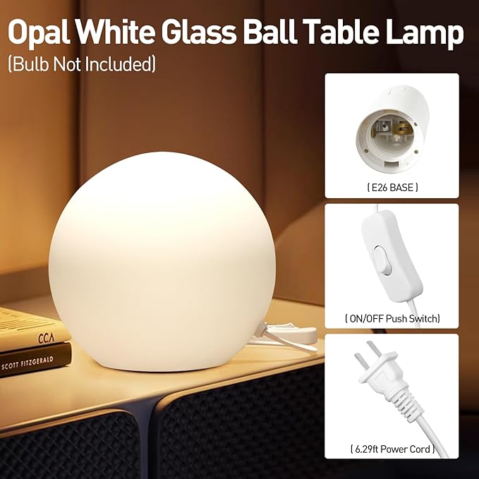 10 Inch Ball Table Lamp with Glass Shade Stylish Ball Light Lamp for Bedroom Living Room and Bookshelf Modern Design Perfect for Home Decor, Without Bulb