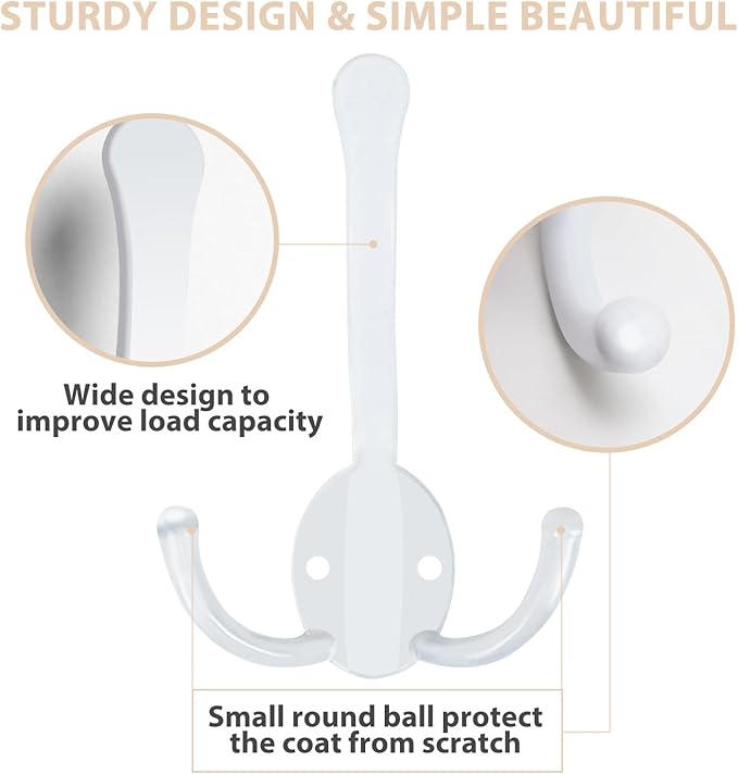 20 Pack Coat Hooks Heavy Duty, Metal Three Prongs Large Coat Hooks Wall Mounted with 40 Screws, No Rust White Rustic Wall Hooks for Hanging Towel, Coat, Scarf, Bag, Hat, Cup, Key