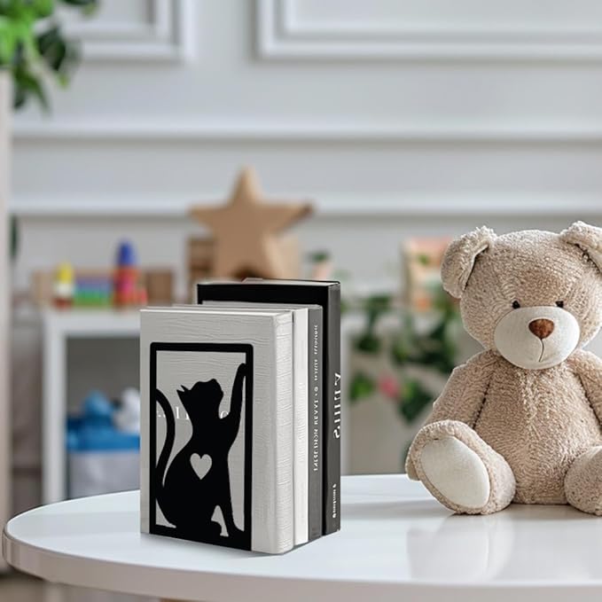 Peacoblue Metal Bookends for Shelves, Study Cast Iron Cute Cats Rustic Book Stoppers Support Holder Bookends Used on Desk, Shelf, Farmhouse Room for Small Heavy Duty Books 4.7"x3.5"x7", 1 Pair(Cats)