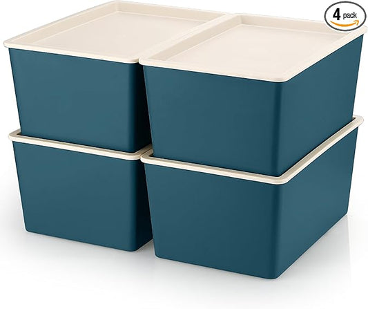 Menkxi 4 Pcs Storage Bins with Lids Plastic Stackable Containers for Organizing Shelves Christmas Ornament Box Baskets(Blue,Small)