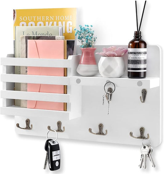 Decorative Key Hanging Rack with 10 Hooks – Easy Install Natural Wooden Key and Mail Holder for Wall Mount – Entryway Decor Rack with Shelf (White)
