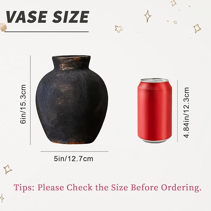 Ceramic Vase, 6 inch Minimalist Rustic Farmhouse Terracotta Vase for Home Decor, Table, Living Room, Entryway, Shelf, Mantel Decoration (Black)