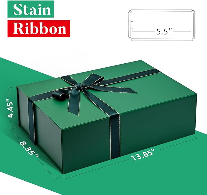 LIFELUM 5 Pack Christmas Gift Boxes Large Green Boxes of Gifts 13.85 x 8.35 x 4.45 inch Gift Boxes with Strong Magnetic Lid for Presents Contains Card, Ribbon, Filler,Sticker