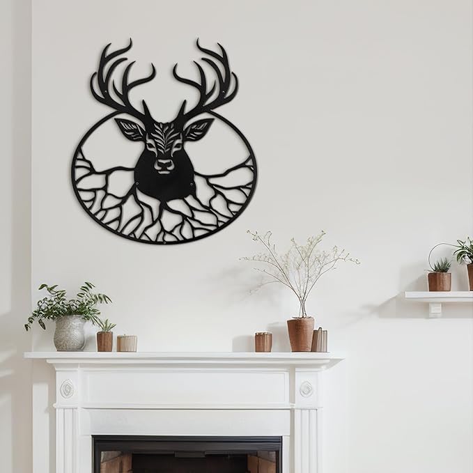SIGNLEADER Metal Wall Art Decor Deer with Antlers Minimalist Modern Abstract Wall Sculpture Hangings Home Decoration for Living Room, Bedroom, Bathroom, Kitchen, Outdoor - 18" Black