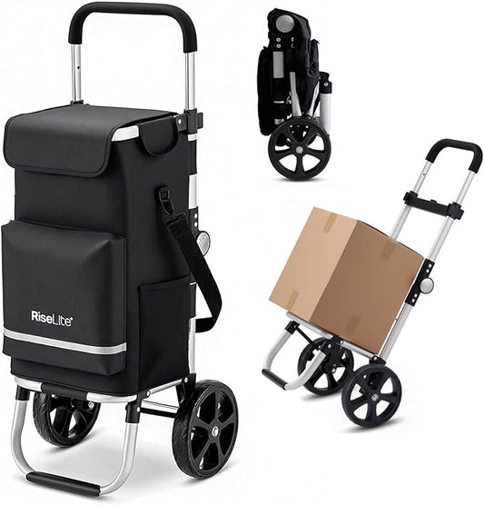 Lightweight Shopping Cart with Wheels, Foldable Grocery Trolley for Supermarket & Teachers, Rolling Utility Crate with Insulated Cooler, Adjustable Handle, 110 lbs