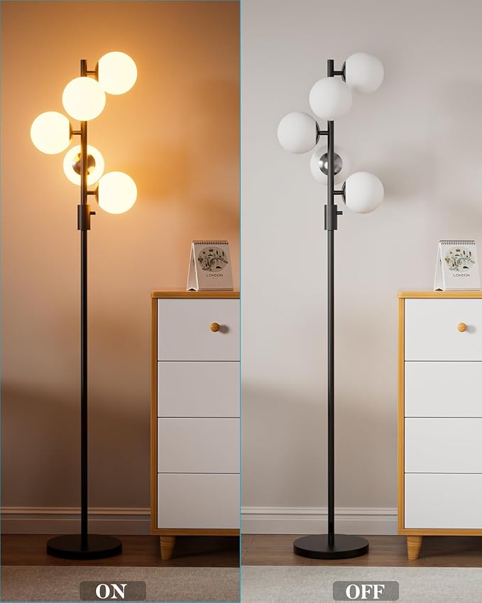 ACOHOOK 64IN Dimmable Black Floor Lamp, Tall Standing Lamps with 5 Globe Soft Warm White Eye Care 3000K G9 Bulbs, Mid Century Modern Floor Lamp for Living Room Bedroom Office