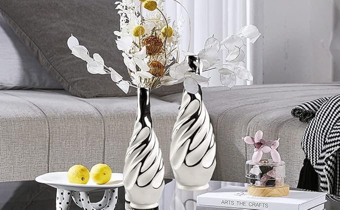 Yundu Ceramic Vase Set of 2, White with Silver, Modern Home Décor, Living Room, Dried Flowers, 14x6x6 inches