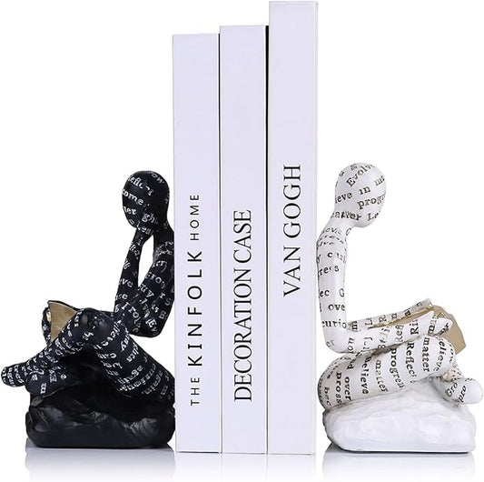 Book Ends for Heavy Books Set of 2, Modern Abstract Thinker Book Ends for Shelves and Desk - Resin with Non-Slip Pads, Bookends for Shelves, Modern Black White Office Decor Bookends