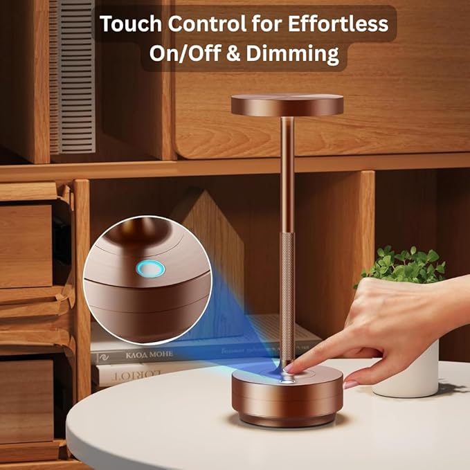 Cordless Table Lamp Rechargeable - Waterproof, Touch 3-Color Lighting Portable LED Table Light for Outdoor,Patio,Restaurant.(Coffee)