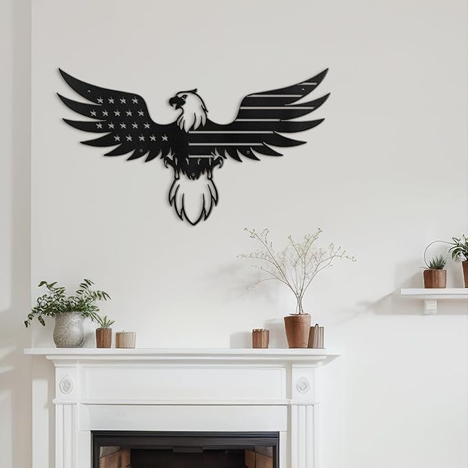 SIGNLEADER Metal Wall Art Decor Eagle Wearing American Flag Minimalist Modern Abstract Wall Sculpture Hangings Home Decoration for Living Room, Bedroom, Bathroom, Kitchen, Outdoor - 18" Black