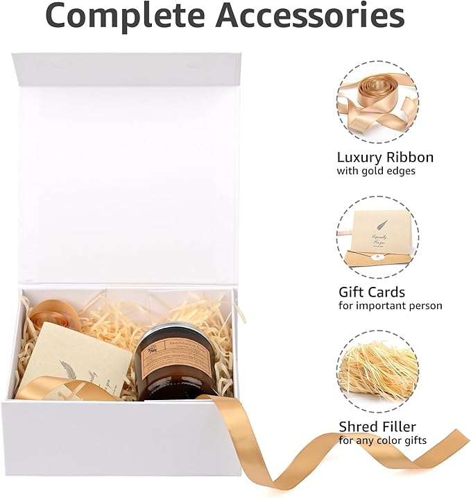 LIFELUM Black Gift Box 8 x 7 x 3 inch, Gift Box with lid Magnetic Closure Box Sturdy Box for Gift Includ Greeting Cards,Ribbon,Shredded Paper Filler for Presents (1 Pcs)