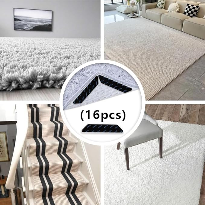 NAIVELY 16 Pcs Rug Tape Grippers for Hardwood Floors Non Slip Rug Pads, Reusable Double-Sided Adhesive Carpet Tape for Area Rugs(Black)
