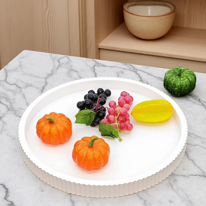 Carah & Cossh Round Wooden Serving Tray, White Round Decorative Wood Tray, Modern Decorative Tray, Perfect for Storage and Display (White B)