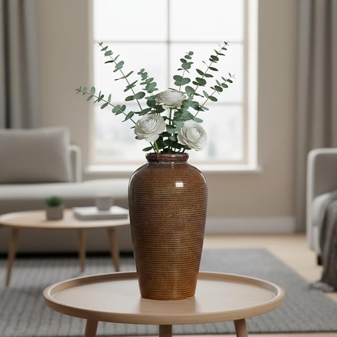 Rustic Farmhouse Ceramic Vase - 11 Inch Large Brown Pottery Vases Home Decor, Glazed Textured Decorative Vase for Pampas Grass, Console, Entryway Table Decor, Mantle, Kitchen Centerpieces