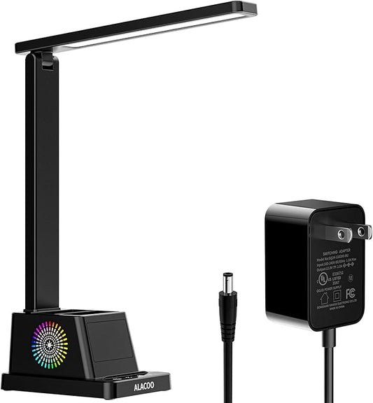 Study Desk Lamp for Office Home, Eye-Caring Desk Light with USB Port & RGB Phone Holder, 3 Color×4 Brightness, Adjustable Arm, Touch-Control Lamp for Kids/Reading (Black)