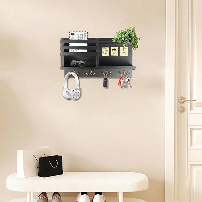 Key Holder Wall Mount, Solid Wood Key and Mail Organizer for Wall(Self Adhesive or Drill), 8 Hooks Key Rack for Entryway Hallway Bedroom Farmhouse Home Decor (Matte Black)