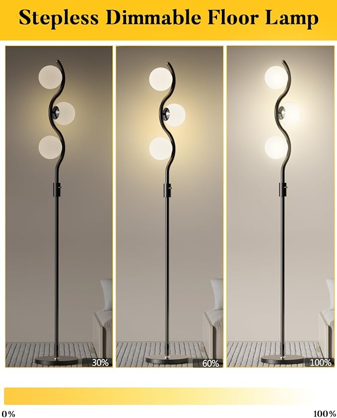 ACOHOOK Dimmable Globe Floor Lamp Black Standing Lamps with 3 Soft Warm White 3000K Bulbs, Mid Century Modern Floor Lamp for Living Room Bedroom Home Decor