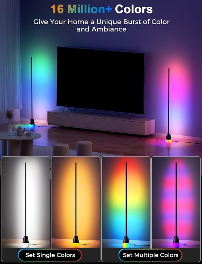 Alfolive RGB Floor Lamp, Smart LED Corner Lamp for Living Room Bedroom, 16 Million DIY Colors Standing Lamp with Music Sync App & Remote Control, Cool Modern Mood Light Ambient Lighting, Black