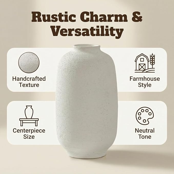 White Ceramic Vase, Textured Rustic Farmhouse Decorative Vase for Centerpieces, 10.8" Off-White Large Flower Vase for Home Decor