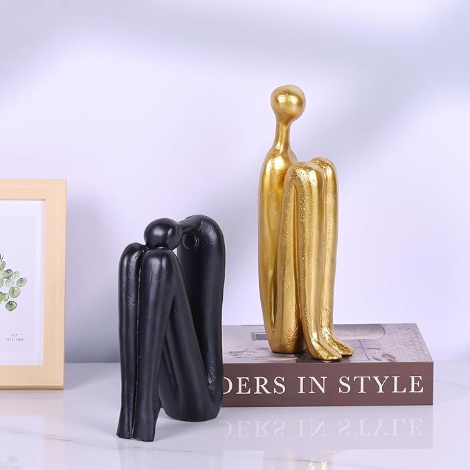 Thinker Statue Decorative Bookends,1 Pair/2 PCS Book Ends for Shelves Unique Modern Book Stopper for Heavy Books, Abstract Aesthetic Decor, Modern Home Bookshelf Decoration (Black Gold)