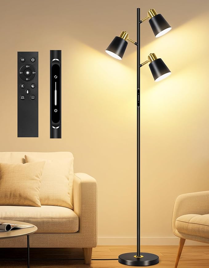 OUTON LED Tree Floor Lamp, Modern Dimmable Standing Lamp with Remote & Touch Control, 4 Color Temperatures, 3 Rotatable Lights Floor Lamps for Living Room, Bedroom, Office, Black & Gold