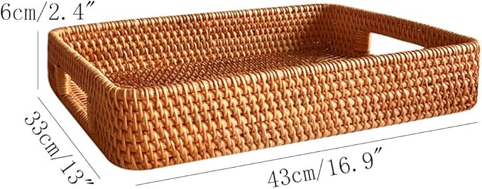i-lan 17 Inch Oversize Handmade Rectangular Serving Trays with Cutout Handles and 2.3” Wall,Decorative Rattan Woven Storage Baskets Organizer Plate Tray for Bread,Fruits,Catch All Dish,XL,Brown
