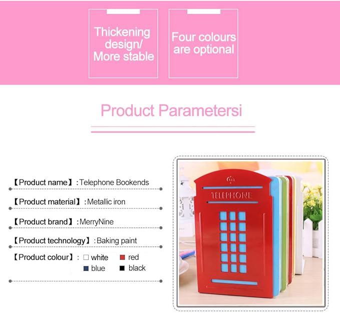MerryNine 4 Pack Book Ends, Metal Bookends for Shelves, Telephone Booth Decorative Bookends, Non Skid Heavy Bookends, Book, Magazine or CD Organizers for Home and Office (Red-4pcs)