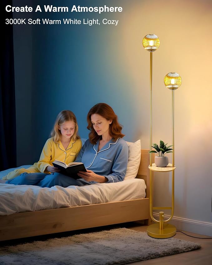 ACOHOOK Glass Floor Lamp with Tray, Gold Dimmable Globe Floor Lamp for Wedding/Party, 2Pcs 3000K Soft Warm White Bulbs Included, Mid Century Modern Standing Lamps for Living Room Bedroom