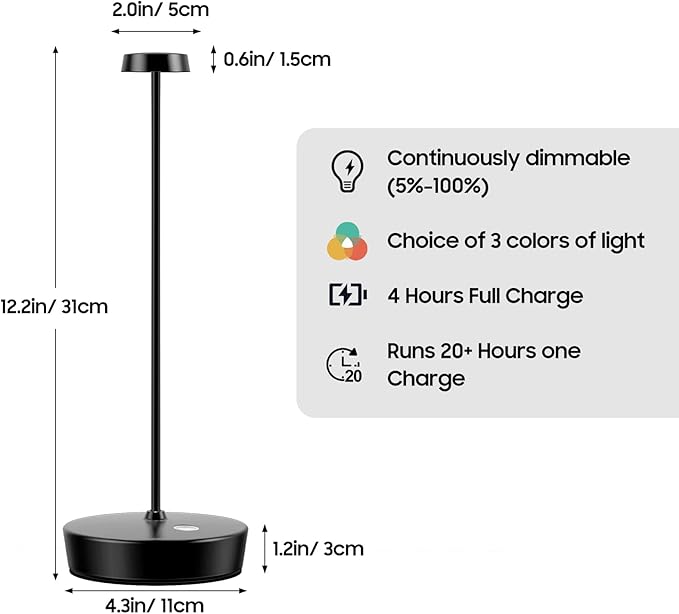 Cordless LED Table Lamp，Rechargeable Battery Desk Lamps, 3 Color Stepless Dimmable Metal Battery Table Lamps, Portable Table Light for Indoor/Outdoor/Restaurants/Bedroom/Bar