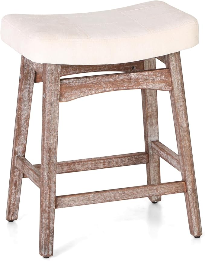 Sophia & William Counter Height Bar Stools, 24" Counter Stools with Solid Wood Legs, Comfy Linen Fabric Upholstered Counter Height Stools,Creamy White,1PC