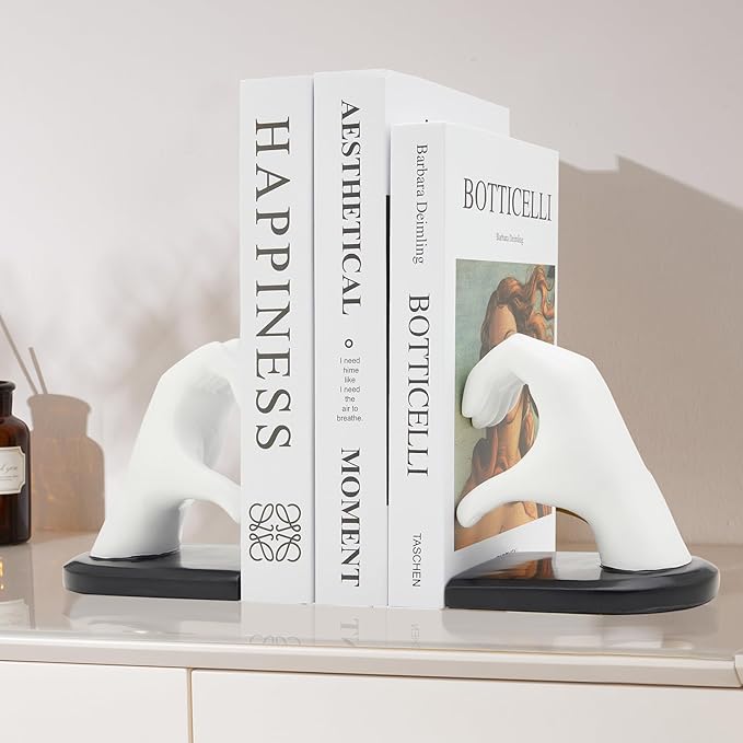 White Bookends, Heavy Duty Bookend Holder Decor, Finger Heart Shaped, Modern Art Sculpture, Bookends Decorative, Boho Decor for Desktop Bedroom Study Room(White)