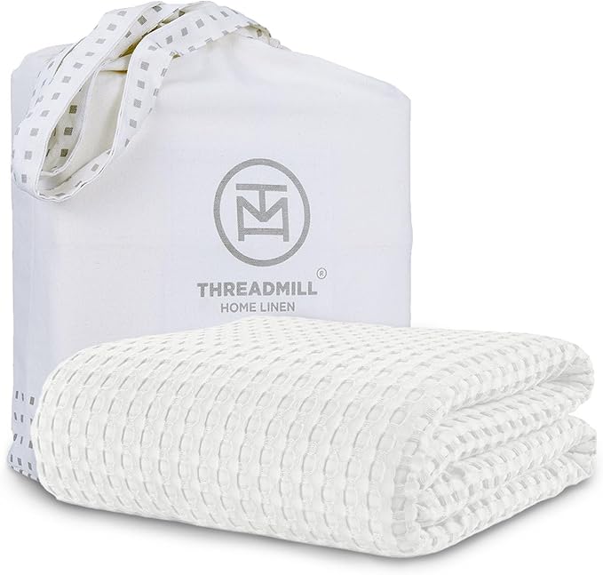 Threadmilll Cooling Cotton Waffle Queen Size Blanket | Breathable, Lightweight & Ultra-Soft | Made from Rayon Derived from Bamboo | Cooling Throw Blanket for Couch and Sofa | 90 x 92 Inches | White