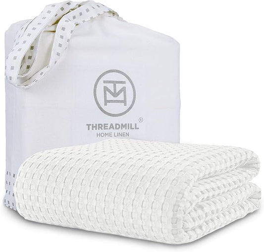 Threadmilll Cooling Cotton Waffle Queen Size Blanket | Breathable, Lightweight & Ultra-Soft | Made from Rayon Derived from Bamboo | Cooling Throw Blanket for Couch and Sofa | 90 x 92 Inches | White