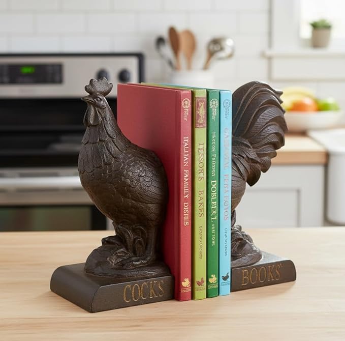 Comfy Hour Rooster Decorative Bookends, Vintage Farmhouse Style Animal Book Ends for Shelves, Heavy Duty Antique Rusty Effect Book Stopper for Books & Cookbooks, 1 Pair