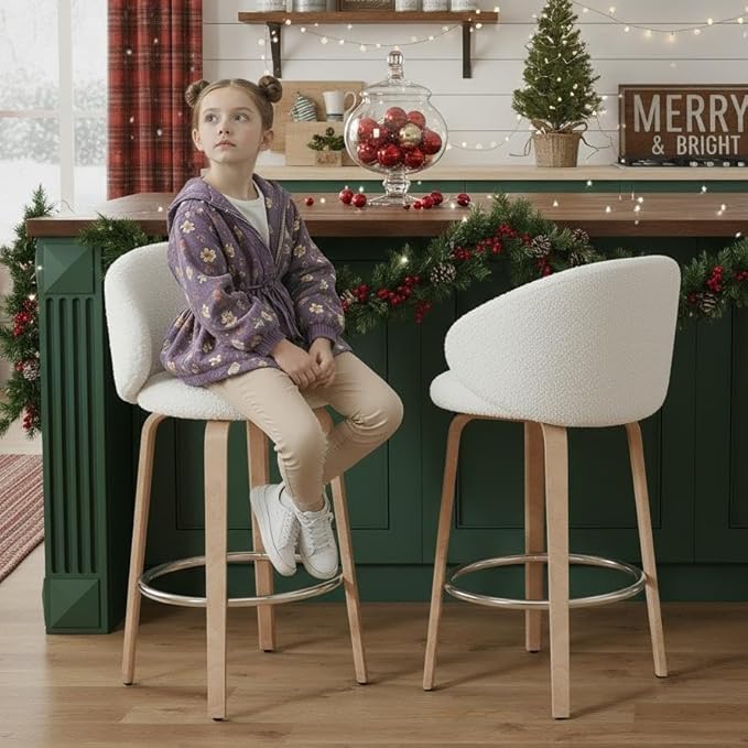 LukeAlon Modern Single Sherpa Counter Stool, Upholstered 26" Seat Height Low Bar Stools with Wood Legs Armless Counter Height Bar Chairs with Footrest for Kitchen Dining Room, Fur White