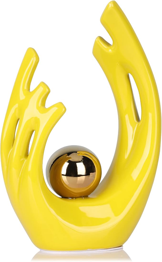 9.5"H Yellow Gold Aesthetic Room Decor Accent, TV Stand Funky Table Centerpiece, Abstract Art Ceramic Statue and Sculpture, Yellow Decor for Living Room, Bookshelf Decorative Objects, Shelf Decor