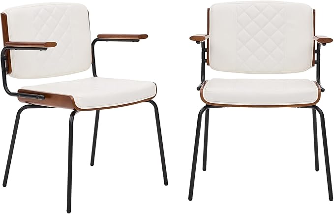 iMenting Upholstered Dining Chair with Arms Modern Kitchen & Dining Room Chair Set 2 Leather Dining Chair for Dining Table Leather Chair Set of 2 for Kitchen Living Room, White with Black Leg