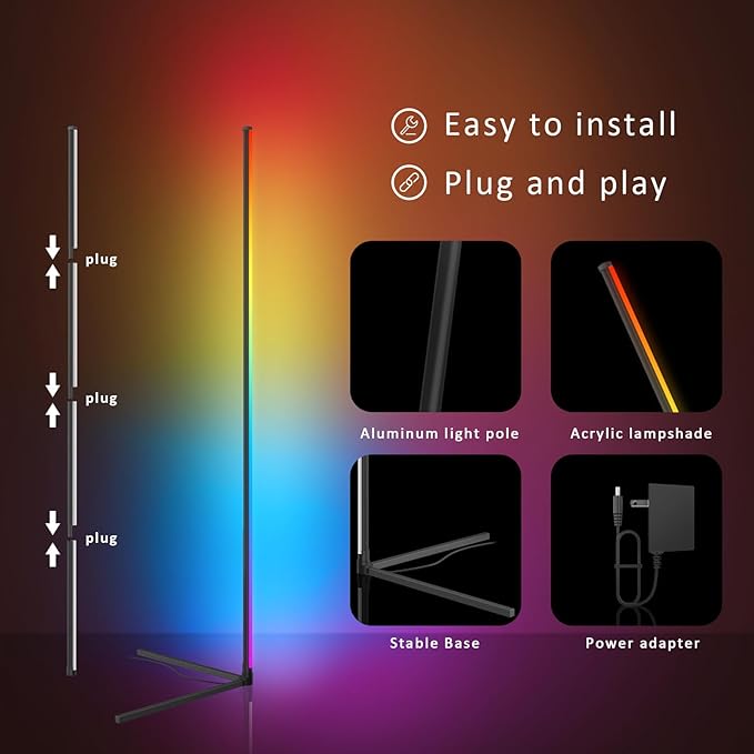 LED Corner Floor Lamp, 68+ Scenes, 16 Million Colors Corner Light with App & Remote Control, 65” Smart RGB Ambient Lighting with Music Sync, Mood Lighting for Bedroom, Living Room, Gaming Room