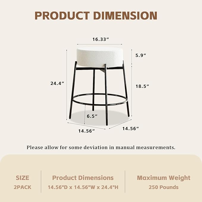 SoarFlash Modern Rotatable Bar Stools Set of 2, 24" Sherpa Swivel Counter Height Stools with Round Soft Padded Boucle Backless Seat, Black