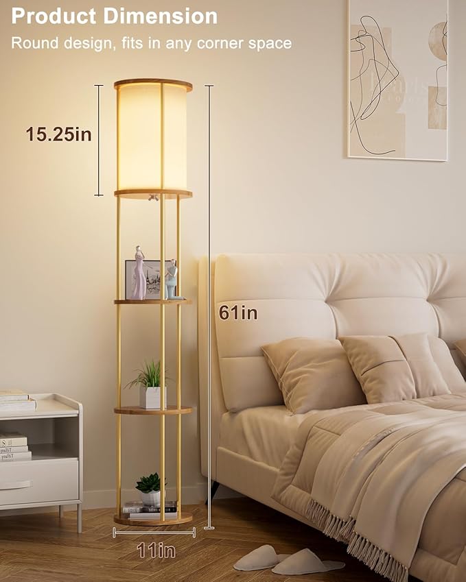 ACOHOOK 61" Floor Lamp with Shelves, Modern Gold Floor Lamp with Fabric Lampshade and 3- Tier Storage Table Attached, 35lb Capacity Solid Wood, Corner Bookshelf Lamps for Living Room, Bedroom, Office