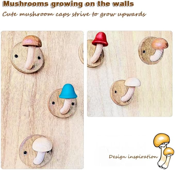 Wooden Mushroom Coat Hooks, Mushroom-Shaped Coat Hangers, Wall Mounted Towel Hanger, Solid Wood, Colorful, Set of Hooks with Screws (4 Hooks & 8 Screws)