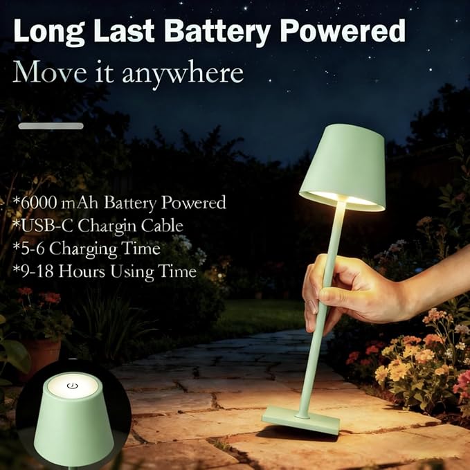Green Rechargeable Table Lamp Set of 2,Cordless Lamps-6000mAh Battery Operated-Small Touch Lights for Table,Portable Lamps,Tabletop Lamp,Battery Powered Lamp,lampara recargable para apagones