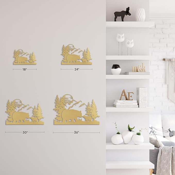 SIGNLEADER Metal Wall Art Decor Bear, Pine, Mountains Minimalist Modern Abstract Wall Sculpture Hangings Home Decoration for Living Room, Bedroom, Bathroom, Kitchen, Outdoor - 18" Gold