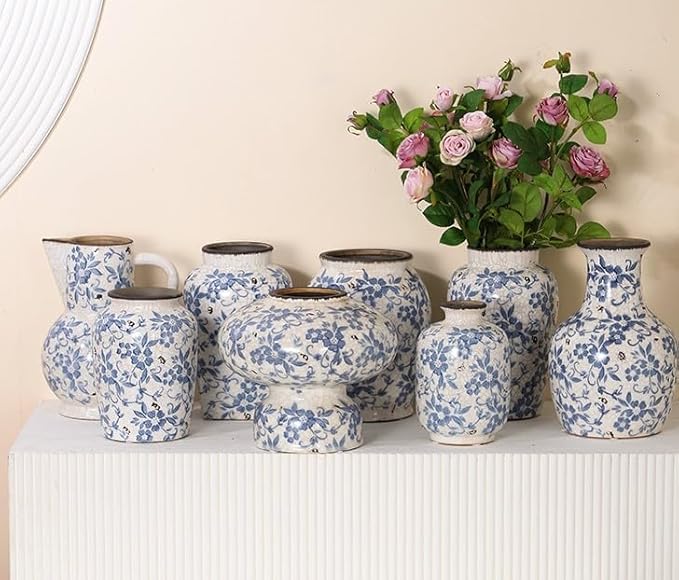 Decorative Ceramic Flower Vase, Blue and White Floral Pattern, 11''Flower Ceramic vase