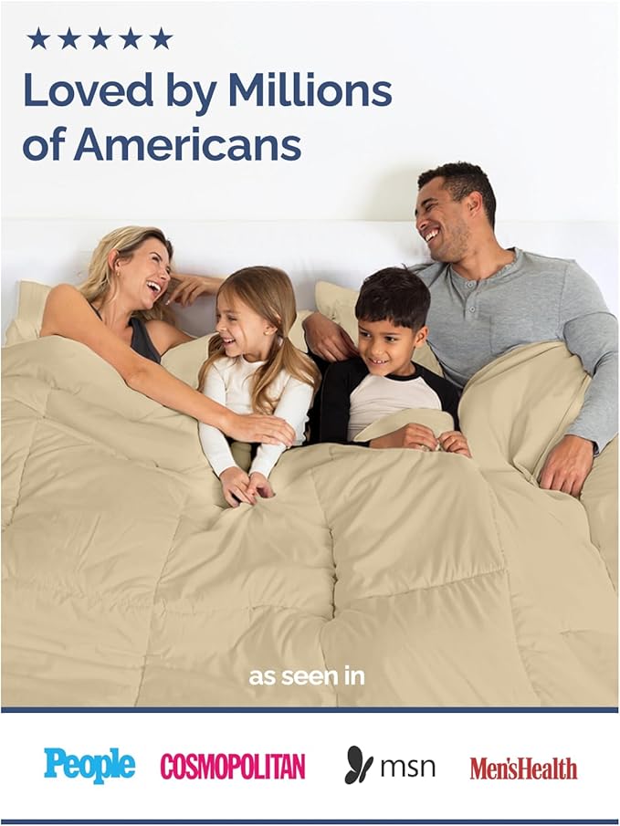 Queen Size, Beige Alternative Down Comforter - Warm and Lightweight - Luxury and Breathable Hotel Quality Bedding Set - All Season Fluffy and Cozy Oversized Cooling Microfiber Duvet Insert Comforter